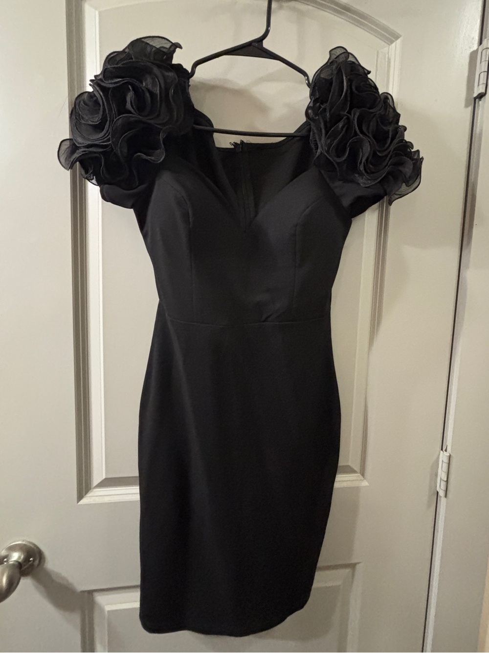Fashion Nova Black Mini Dress with Rosette Puff Sleeves